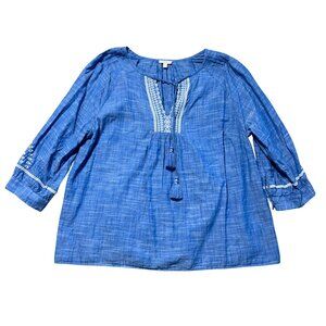 Talbots Womens Sz XLP Blue Embroidered Boho Peasant Blouse 3/4 Sleeve